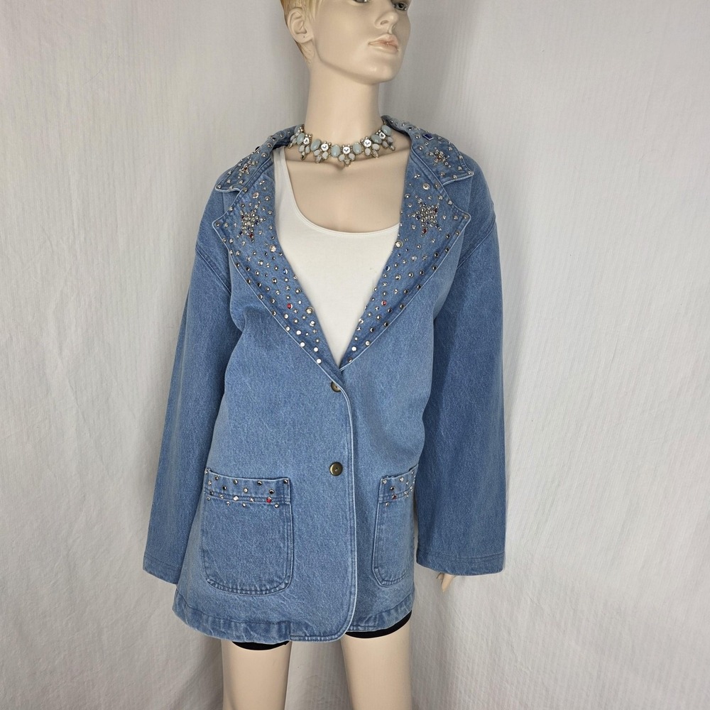 Vtg 90s The‎ Blue Denim Blazer Jacket Womens 2XL Blue Studded Rhinestone Stars